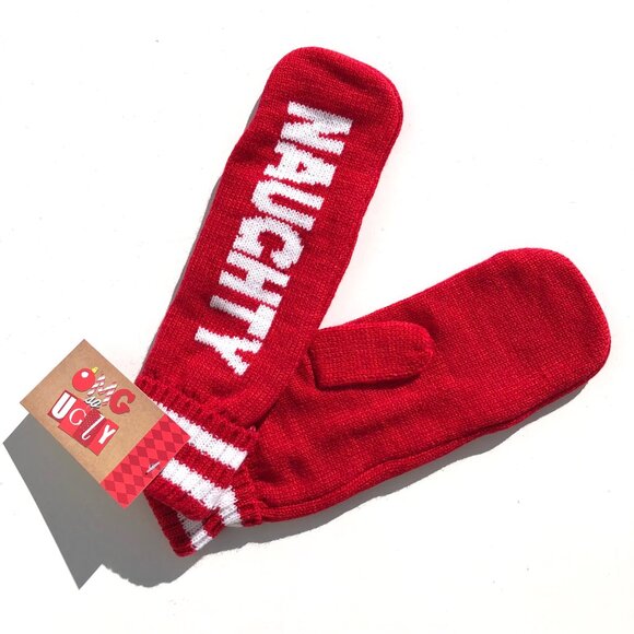 Warm Winter Mittens set one size fits all Red Naughty Nice Christmas OMG so UGLY - Picture 5 of 8